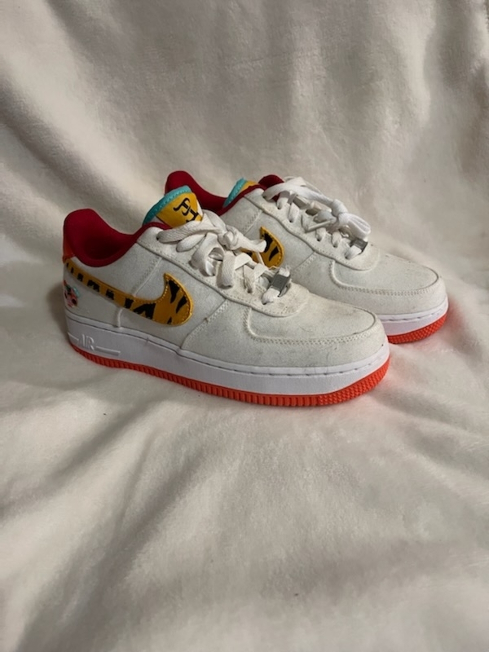 Nike White Air Force 1 with Yellow Tiger Swoosh & Coral Outsole.New Year Edition